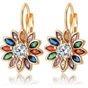 14K Gold Plated Crystal Flower Drop Leverback Earrings for Women Fashion
